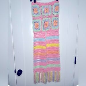 WoWo Vintage Crochet Pastel Pants with Pink and Green Squares Festival